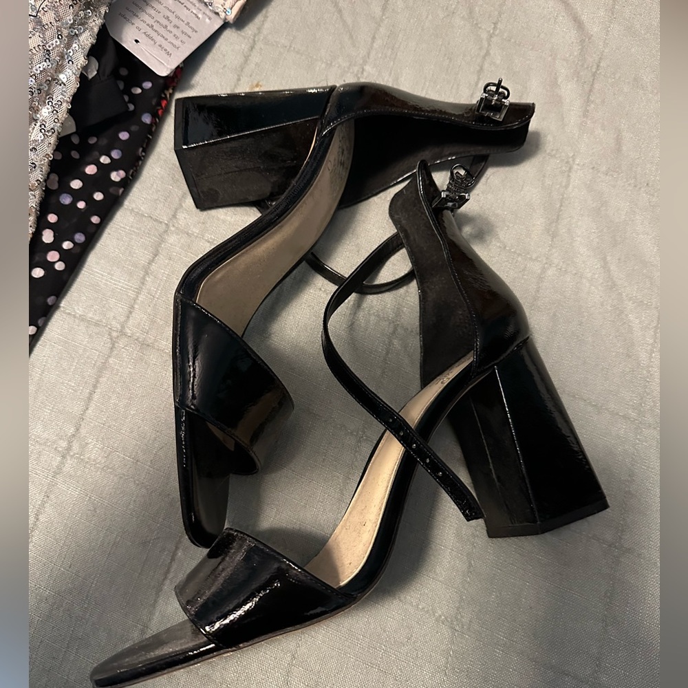 Vince Camuto black patent leather block heel sandals, ankle strap. New. Sz 9
